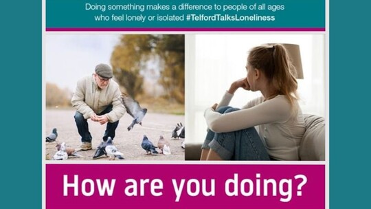 Photo 1: an older man feeding some birds. Photo 2: a young woman sitting hunched up on a chair. Text underneath: How are you doing?