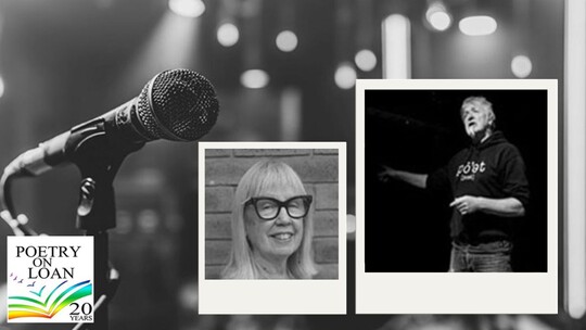Background photo of a microphone, over which is laid photos of poets Jane Seabourne and Steve Pottinger