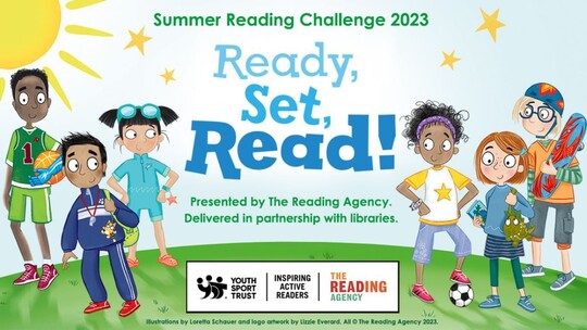 6 cartoon children wearing sporty clothes stand around the text 'Read. Steady. Read!'