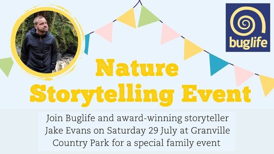 A small photo of storyteller Jake Evans in a round yellow frame alongside large yellow text that reads 'Nature Storytelling Event'