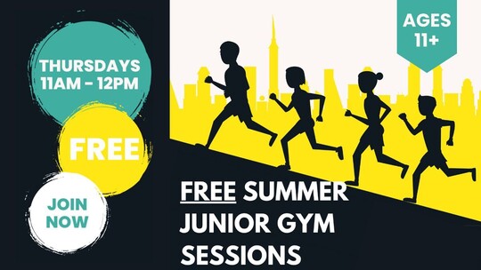 Silhouettes of 4 children running up a slope on a bright yellow background. Text: Free Summer Junior Gym Sessions, Ages 11+