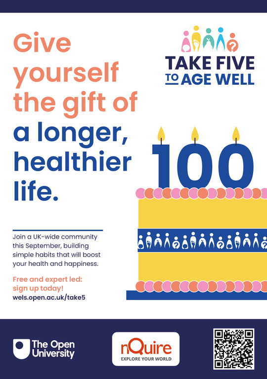 Picture of a birthday cake with text: Give yourself the gift of a longer, healthier life. Take Five to Age Well.