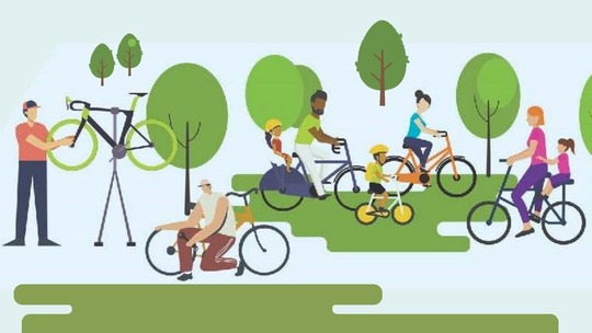 A cartoon image of 8 different people doing things with bicycles or riding bicycles, surrounded by trees.