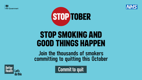 Text on blue background reads: Stoptober. Stop smoking and good things happen. Commit to quit.