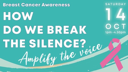 Text reads: How do we break the silence? Amplify the voice. Text is bold and white on a light blue background.