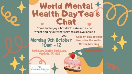 A digital leaflet titled World Mental Health day Tea and Chat. All text reproduced in article below.