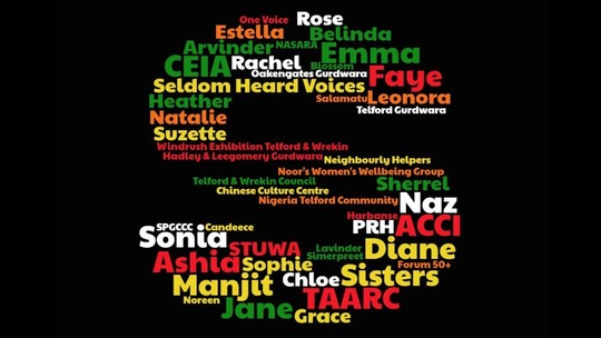 A large 'S' made from the names of the black and ethnic organisations and women who support their local communities