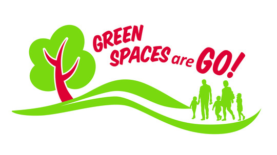 The Green Spaces Are Go logo - a tree, a path, and a family group, in green and red
