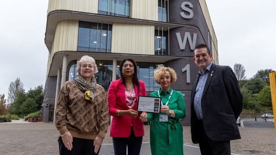 Photo of Beverley Ashton, Sherrel Fikeis, Claire Fishlock and Councillor Paul Watling outside Southwater One