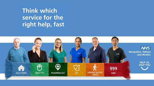 Text reads: Think which service for the right help, fast. NHS Shropshire, Telford & Wrekin - Help Us Help You