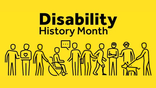 Black text and simple stick figures on a yellow background. The figures represent various disabilities, some obvious, others not.