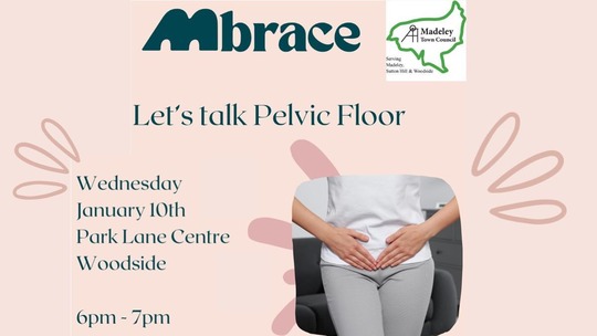 Photo of a woman's clothed torso, her hands laid flat on her stomach. Text reads: Let's talk pelvic floor.