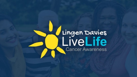 Hand-drawn yellow sun on a dark blue background. White text reads: Lingen Davies LiveLife Cancer Awareness.