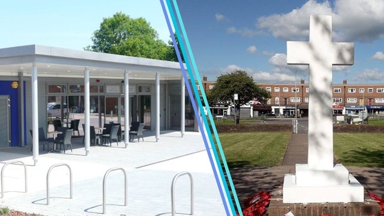 2 photos side by side. One is of Brookside's Community Central building. The other is of the war memorial in Donnington.