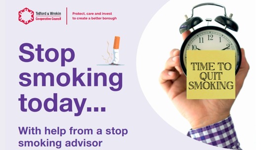 Text reads: Stop smoking today... Image of a hand holding an alarm clock with the note 'time to quit smoking' stuck to front