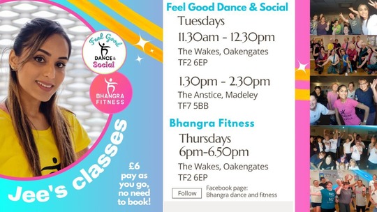 A portrait photo of Jee on the left, and photos from Jee's classes on the right. All text appears in article below.