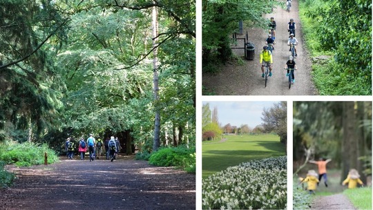 4 pictures: 1 shows a group of people walking in a wood, 2 is a group of cyclists, 3 is some children running and 4 is a park with daffodils