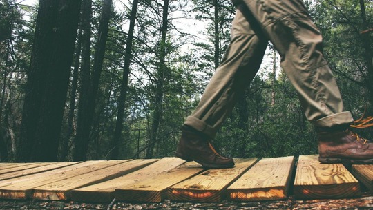 A pair of legs, wearing strong walking boots, walk across a wooden walkway in a woodland area