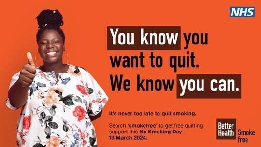 A woman giving the thumbs up gesture and smiling. Text: You know you want to quit, we know you can.