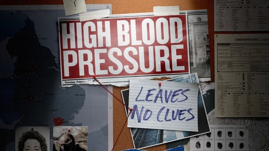 A pinboard with articles, photos and fingerprint sheets pinned to it. This text stands out: "High Blood Pressure Leaves No Clues"