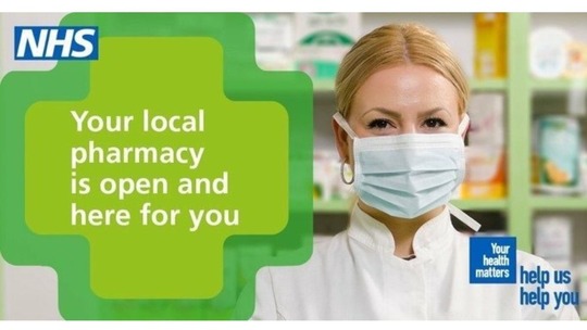 A woman in a mask and white pharmacist's coat. Text reads: Your local pharmacy is open and here for you. 