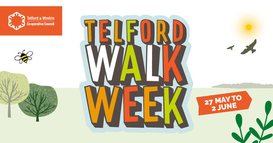 The words 'Telford Walk Week' in large, orange, yellow and green lettering.