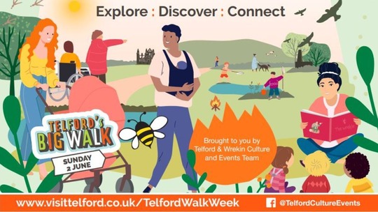 Colourful image of people at different stages of life enjoying a green space. Text: Telford's Big Walk Sunday 2 June.
