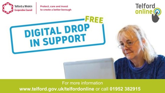An older woman in a blue jumper using a laptop. Text reads: Digital Drop In Support in big blue letters.