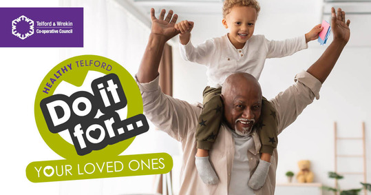 An older Black man with a child riding on his shoulders. He is holding the child's hands to keep him safe. Text reads: Do it for your loved ones.