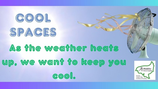 Text on light blue background reads: Cool Spaces. As the weather heats up, we want to keep you cool.