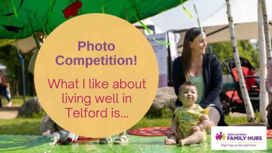 Background picture is of a mother and child sitting in a green space in the sunshine. Text overlaid reads: Photo competition!