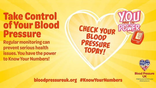 Red text on a yellow background reads: You have the power - check your blood pressure today! Take control of your blood pressure.