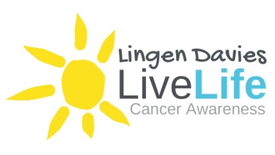 The Lingen Davies logo is a yellow hand-drawn sun. Text reads: Lingen Davies Live Life Cancer Awareness