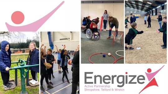 The charity Energize's logo alongside 4 photos from recent school sport and physical activity events they've been involved in