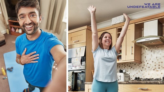 A South Asian man in his living room with an exercise mat and weights, and a white woman in her kitchen doing stretches