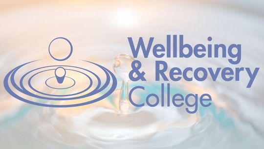 Bold blue text reads: Wellbeing and Recovery College. In the background in the faded image of ripples in water.