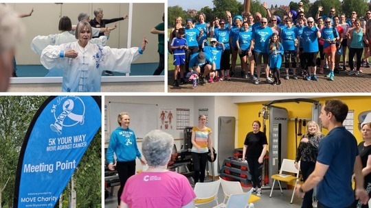 4 photos: 1 a woman doing Tai Chi, 2 a group of people at a Park Run, 3 a Move Against cancer banner, 4 an iCan exercise group