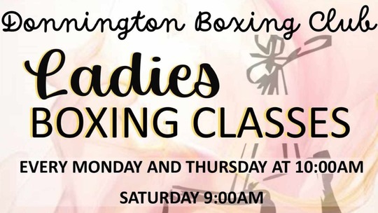 Curly text on a pink and white background reads: Donnington Boxing Club, Ladies' Boxing Classes.