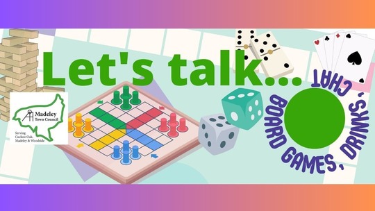 Jenga blocks, Ludo board, 2 dice, 2 dominoes and some playing cards in background. Text reads: Let's talk board games, drinks, chat