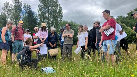 A group of 20 volunteers of various ages and backgrounds in the meadow at Rough Park Local Nature Reserve  