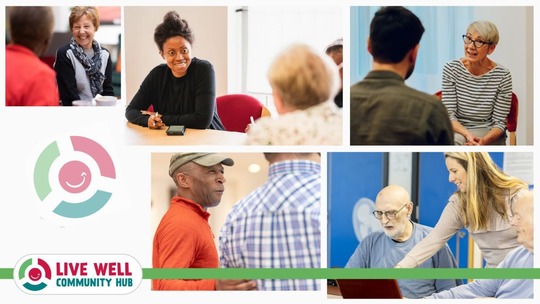 5 photos of people of different ages and backgrounds in conversation in a variety of community situations