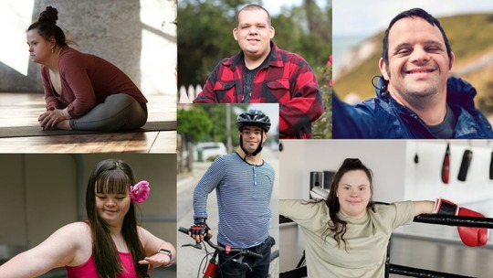 6 photos showing 3 men and 3 women with learning disabilities engaged in various physical activities