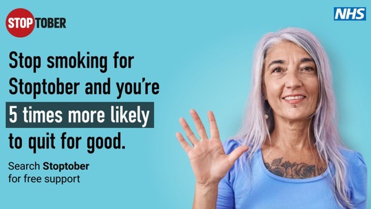 The Stoptober logo, top left, main image shows an older woman with pink hair and tattoos. All text reproduced in article below.