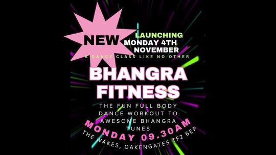 White and pink text on a black background advertising a new morning Bhangra Fitness class. All text reproduced in article below.