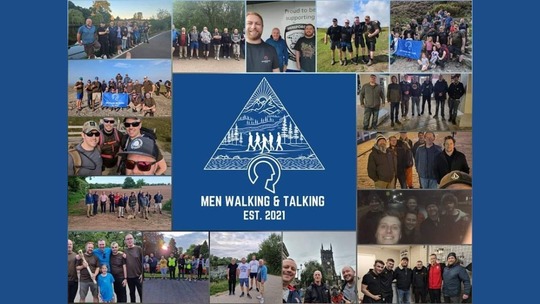 A montage of photos of male walking groups in various locations. In the centre is the Men Walking & Talking logo.
