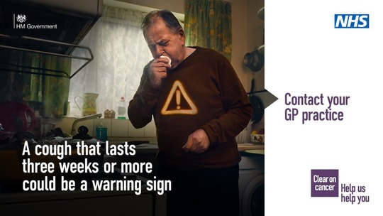 Man coughing in a kitchen. Text reads: A cough that lasts 3 weeks or more could be a warning sign. NHS logo in top right.