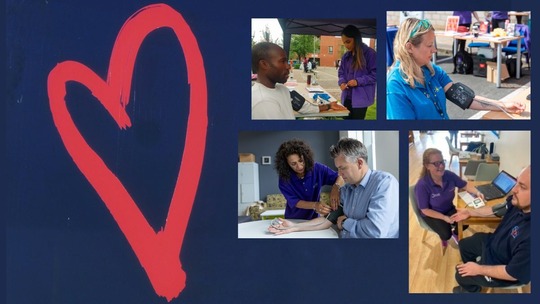 Hand-drawn red heart on a blue background, and 4 photos of blood pressures being taken in community venues.