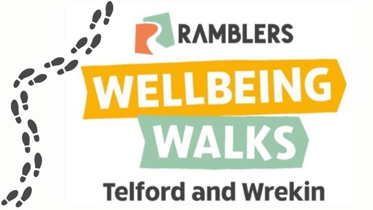 Footprints decorate the left of the image. On the right, text reads: Ramblers Wellbeing Walks, Telford and Wrekin.