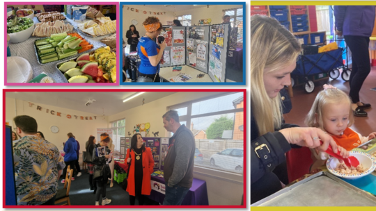 4 photos of recent events in Donnington showing people talking together, presentation boards and a mother and child making food together.
