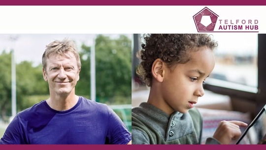 2 images, side by side. One is of an older man smiling at the camera. The other is a young boy using a tablet. 